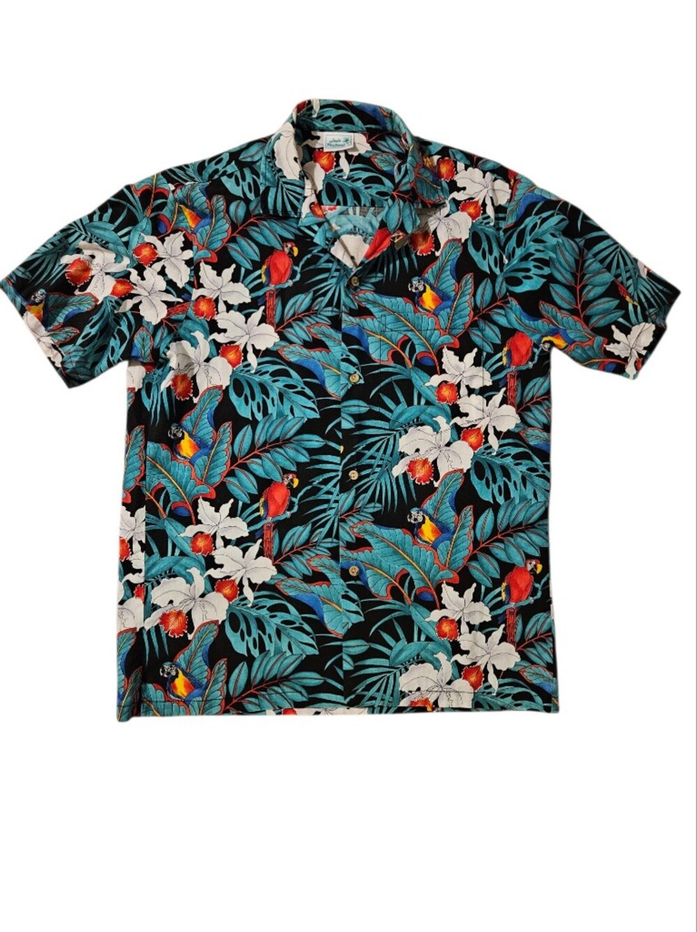 Vtg Hawaiian Black & Blue Tropical Floral Short Sleeve Shirt w/ Red Parrot Sz M